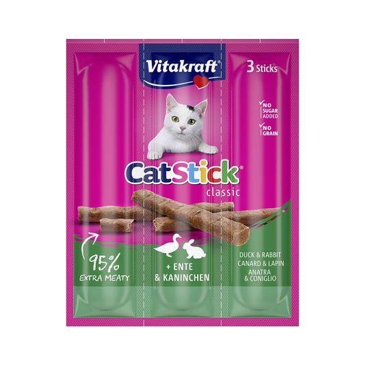 Snack en stick para gatos con pato y conejo envase 3 uds