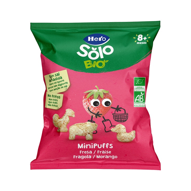 Mini puffs snacks de fresa ecológicos desde 8 meses bolsa 18 Mini puffs snacks de fresa ecológicos desde 8 meses bolsa 18