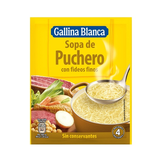 Sopa de puchero con fideos finos sobre 72 g
