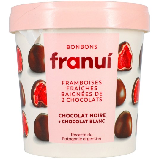 Frambuesas bañadas en chocolate blanco y chocolate negro