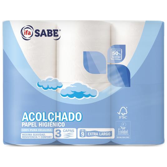 Papel higiénico acolchado 3 capas - Sabe - 9 uds