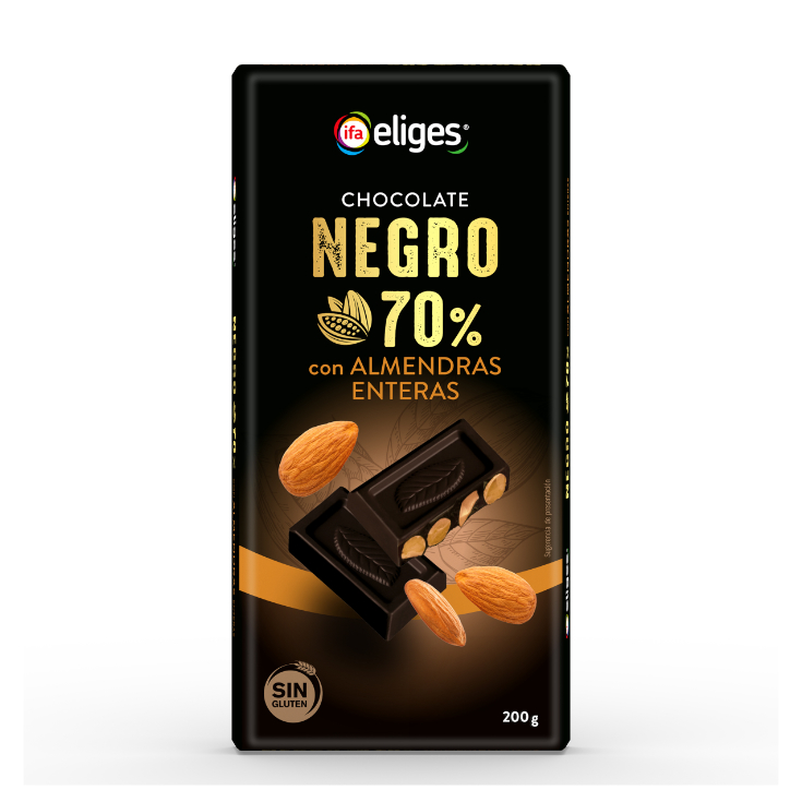 CHOCOLATE NEGRO 70% CACAO CON ALMENDRAS ENTERAS 200G