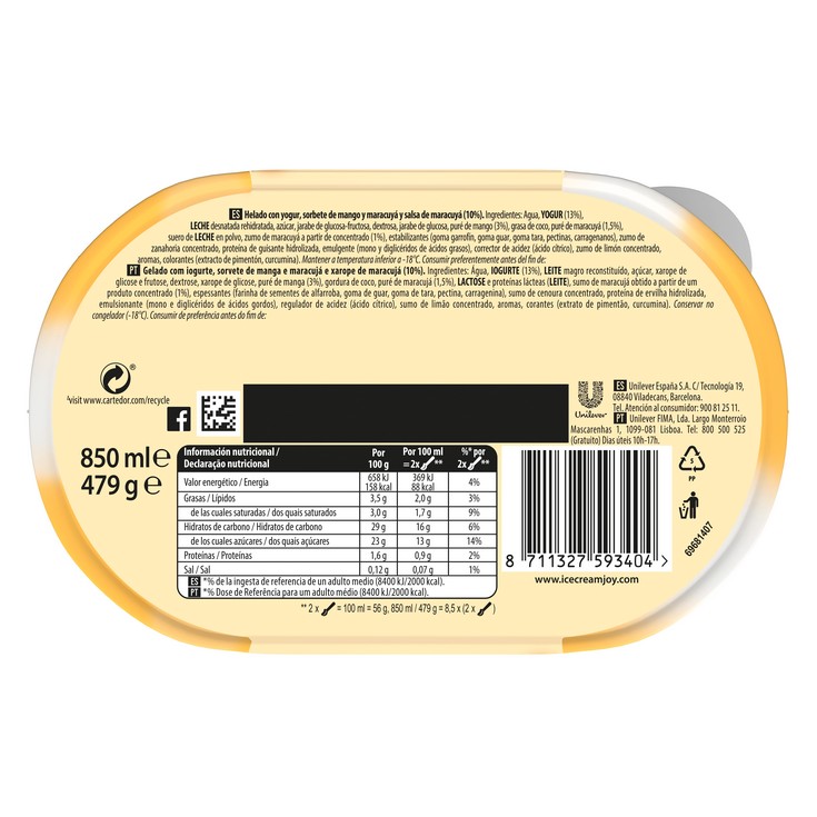 Helado de yogurt y mango - Carte D'Or - 479g