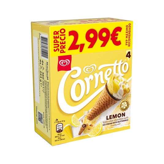 Helado Cono Cornetto Limón 90ml x4